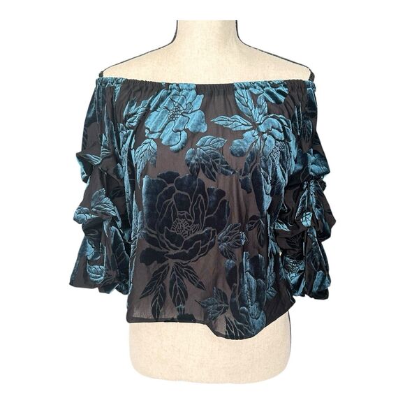 MSK Petite Teal Burnout Velvet Off Shoulder Top PM - Picture 1 of 4